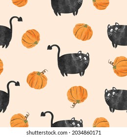 Patrón de Halloween sin foco con gato negro y calabaza. Ilustración de la acuarela vectorial.