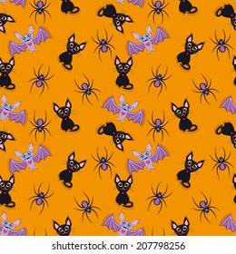 Seamless Halloween pattern with black cat, spider and bat, vector
