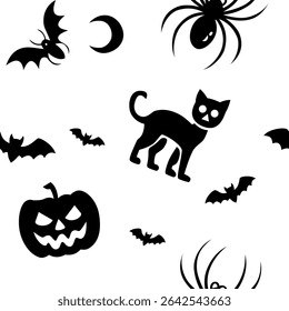 Seamless Halloween pattern with black cat, bats, spiders and scary pumpkins on white background, Flat Illustration