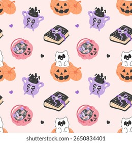 Seamless Halloween pattern with black cat, ghost, pumpkins, candy, and magic book. Cute spooky design on soft pastel background.
