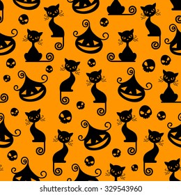 Seamless Halloween pattern with black cat and spooky pumpkins