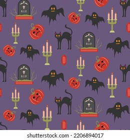 Patrón de Halloween sin foco con gatos negros y fantasmas. ilustración vectorial