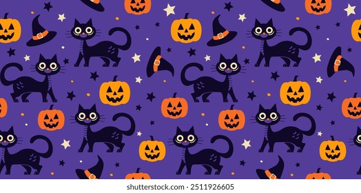 Seamless Halloween Pattern with Black Cats, Pumpkins, and Stars