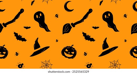 Seamless Halloween pattern with black elements on an orange background for textile, fabric, wrapping paper
