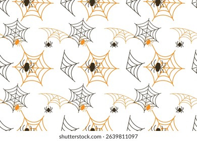 Seamless Halloween pattern with black orange spiderwebs spiders Repeating spooky vector background design perfect for wrapping paper, textiles, wallpapers holiday decor Isolated transparent background