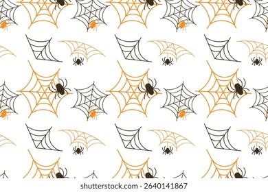 Seamless Halloween pattern with black orange spiderwebs spiders Repeating spooky vector background design perfect Wrapping paper Holiday decor Isolated transparent background