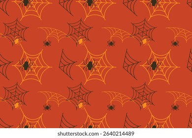 Seamless Halloween pattern with black orange spiderwebs spiders Repeating spooky vector background design perfect Wrapping paper Holiday decor Isolated Ochre background