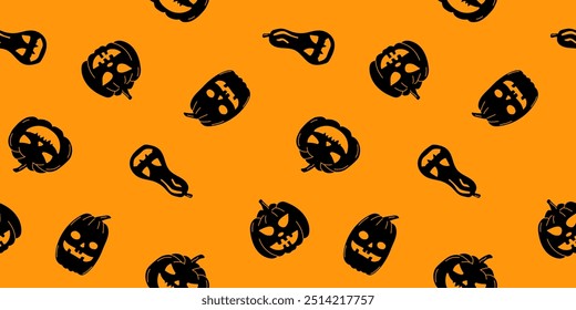 Seamless Halloween pattern with black pumpkins on an orange background for textile, fabric, wrapping paper