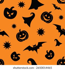 Seamless halloween pattern with black pumpkins bats and witch hats on orange background