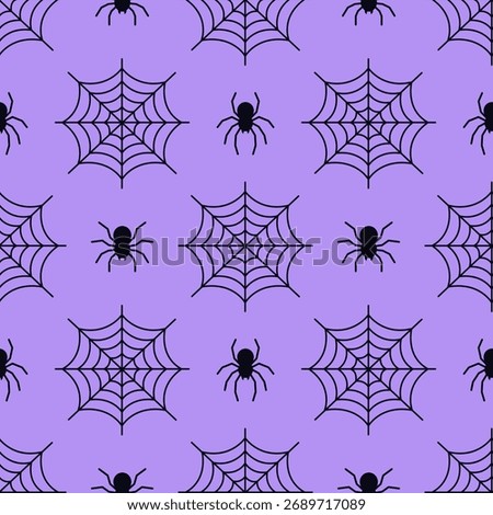 Seamless Halloween pattern with black spiders and spider webs on a purple background. For wrapping paper, card, textile, print packaging, wallpaper, fabric, crafts, spooky festive design. Flat vector.