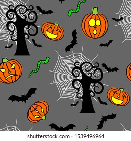 Seamless Halloween pattern. Black twisted tree, bats, cobwebs, green worms and pumpkins with carved eyes. Vector illustration