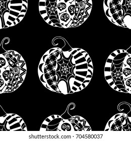 Seamless Halloween Pattern. Black and White Pumpkins Hand Drawn and Traced to Vector. Trendy Zentangle Background for Textile, Fabric, Wrapping. Seamless Pattern with Carved Pumpkins