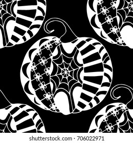 Seamless Halloween Pattern. Black and White Pumpkins Hand Drawn and Traced to Vector. Trendy Zentangle Background for Textile, Fabric, Wrapping. Seamless Pattern with Carved Pumpkins