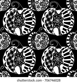 Seamless Halloween Pattern. Black and White Pumpkins Hand Drawn and Traced to Vector. Trendy Zentangle Background for Textile, Fabric, Wrapping. Seamless Pattern with Carved Pumpkins