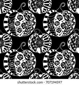 Seamless Halloween Pattern. Black and White Pumpkins Hand Drawn and Traced to Vector. Trendy Zentangle Background for Textile, Fabric, Wrapping. Seamless Pattern with Carved Pumpkins