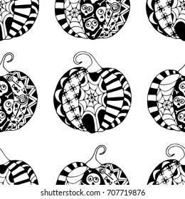 Seamless Halloween Pattern. Black and White Pumpkins Hand Drawn and Traced to Vector. Trendy Zentangle Background for Textile, Fabric, Wrapping. Seamless Pattern with Carved Pumpkins