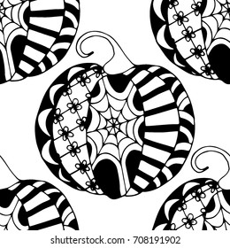 Seamless Halloween Pattern. Black and White Pumpkins Hand Drawn and Traced to Vector. Trendy Zentangle Background for Textile, Fabric, Wrapping. Seamless Pattern with Carved Pumpkins