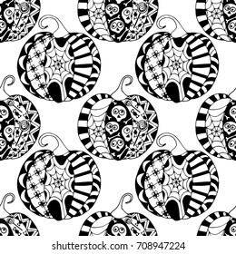 Seamless Halloween Pattern. Black and White Pumpkins Hand Drawn and Traced to Vector. Trendy Zentangle Background for Textile, Fabric, Wrapping. Seamless Pattern with Carved Pumpkins