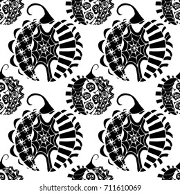 Seamless Halloween Pattern. Black and White Pumpkins Hand Drawn and Traced to Vector. Trendy Zentangle Background for Textile, Fabric, Wrapping. Seamless Pattern with Carved Pumpkins