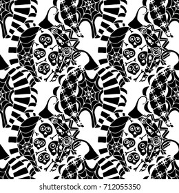 Seamless Halloween Pattern. Black and White Pumpkins Hand Drawn and Traced to Vector. Trendy Zentangle Background for Textile, Fabric, Wrapping. Seamless Pattern with Carved Pumpkins