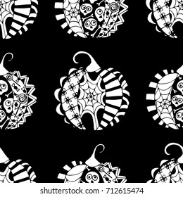 Seamless Halloween Pattern. Black and White Pumpkins Hand Drawn and Traced to Vector. Trendy Zentangle Background for Textile, Fabric, Wrapping. Seamless Pattern with Carved Pumpkins