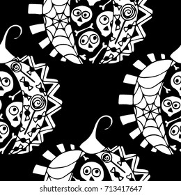 Seamless Halloween Pattern. Black and White Pumpkins Hand Drawn and Traced to Vector. Trendy Zentangle Background for Textile, Fabric, Wrapping. Seamless Pattern with Carved Pumpkins