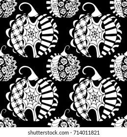 Seamless Halloween Pattern. Black and White Pumpkins Hand Drawn and Traced to Vector. Trendy Zentangle Background for Textile, Fabric, Wrapping. Seamless Pattern with Carved Pumpkins