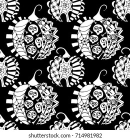 Seamless Halloween Pattern. Black and White Pumpkins Hand Drawn and Traced to Vector. Trendy Zentangle Background for Textile, Fabric, Wrapping. Seamless Pattern with Carved Pumpkins