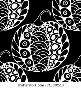 Seamless Halloween Pattern. Black and White Pumpkins Hand Drawn and Traced to Vector. Trendy Zentangle Background for Textile, Fabric, Wrapping. Seamless Pattern with Carved Pumpkins