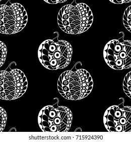 Seamless Halloween Pattern. Black and White Pumpkins Hand Drawn and Traced to Vector. Trendy Zentangle Background for Textile, Fabric, Wrapping. Seamless Pattern with Carved Pumpkins