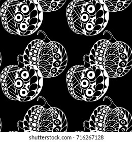 Seamless Halloween Pattern. Black and White Pumpkins Hand Drawn and Traced to Vector. Trendy Zentangle Background for Textile, Fabric, Wrapping. Seamless Pattern with Carved Pumpkins