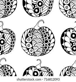 Seamless Halloween Pattern. Black and White Pumpkins Hand Drawn and Traced to Vector. Trendy Zentangle Background for Textile, Fabric, Wrapping. Seamless Pattern with Carved Pumpkins