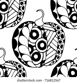 Seamless Halloween Pattern. Black and White Pumpkins Hand Drawn and Traced to Vector. Trendy Zentangle Background for Textile, Fabric, Wrapping. Seamless Pattern with Carved Pumpkins