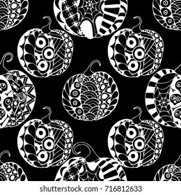 Seamless Halloween Pattern. Black and White Pumpkins Hand Drawn and Traced to Vector. Trendy Zentangle Background for Textile, Fabric, Wrapping. Seamless Pattern with Carved Pumpkins