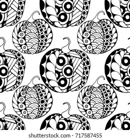 Seamless Halloween Pattern. Black and White Pumpkins Hand Drawn and Traced to Vector. Trendy Zentangle Background for Textile, Fabric, Wrapping. Seamless Pattern with Carved Pumpkins