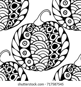 Seamless Halloween Pattern. Black and White Pumpkins Hand Drawn and Traced to Vector. Trendy Zentangle Background for Textile, Fabric, Wrapping. Seamless Pattern with Carved Pumpkins