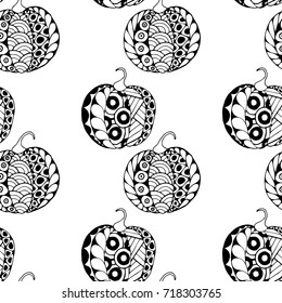 Seamless Halloween Pattern. Black and White Pumpkins Hand Drawn and Traced to Vector. Trendy Zentangle Background for Textile, Fabric, Wrapping. Seamless Pattern with Carved Pumpkins