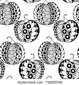 Seamless Halloween Pattern. Black and White Pumpkins Hand Drawn and Traced to Vector. Trendy Zentangle Background for Textile, Fabric, Wrapping. Seamless Pattern with Carved Pumpkins