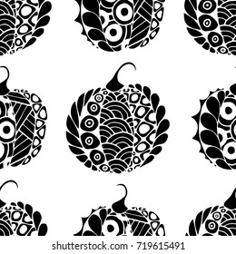Seamless Halloween Pattern. Black and White Pumpkins Hand Drawn and Traced to Vector. Trendy Zentangle Background for Textile, Fabric, Wrapping. Seamless Pattern with Carved Pumpkins