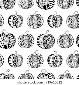 Seamless Halloween Pattern. Black and White Pumpkins Hand Drawn and Traced to Vector. Trendy Zentangle Background for Textile, Fabric, Wrapping.  
