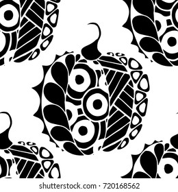 Seamless Halloween Pattern. Black and White Pumpkins Hand Drawn and Traced to Vector. Trendy Zentangle Background for Textile, Fabric, Wrapping. Seamless Pattern with Carved Pumpkins