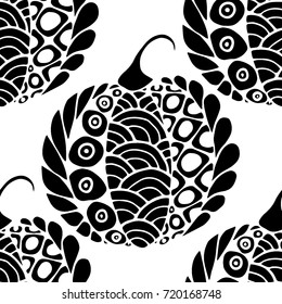Seamless Halloween Pattern. Black and White Pumpkins Hand Drawn and Traced to Vector. Trendy Zentangle Background for Textile, Fabric, Wrapping. Seamless Pattern with Carved Pumpkins