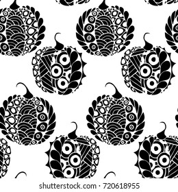 Seamless Halloween Pattern. Black and White Pumpkins Hand Drawn and Traced to Vector. Trendy Zentangle Background for Textile, Fabric, Wrapping. Seamless Pattern with Carved Pumpkins