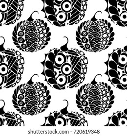 Seamless Halloween Pattern. Black and White Pumpkins Hand Drawn and Traced to Vector. Trendy Zentangle Background for Textile, Fabric, Wrapping. Seamless Pattern with Carved Pumpkins