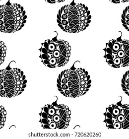 Seamless Halloween Pattern. Black and White Pumpkins Hand Drawn and Traced to Vector. Trendy Zentangle Background for Textile, Fabric, Wrapping. Seamless Pattern with Carved Pumpkins