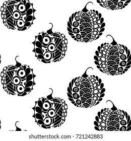 Seamless Halloween Pattern. Black and White Pumpkins Hand Drawn and Traced to Vector. Trendy Zentangle Background for Textile, Fabric, Wrapping. Seamless Pattern with Carved Pumpkins