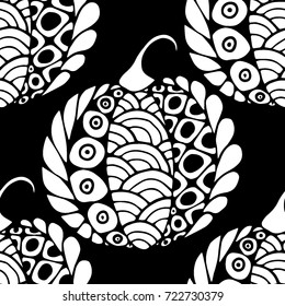 Seamless Halloween Pattern. Black and White Pumpkins Hand Drawn and Traced to Vector. Trendy Zentangle Background for Textile, Fabric, Wrapping. Seamless Pattern with Carved Pumpkins