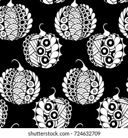 Seamless Halloween Pattern. Black and White Pumpkins Hand Drawn and Traced to Vector. Trendy Zentangle Background for Textile, Fabric, Wrapping. Seamless Pattern with Carved Pumpkins