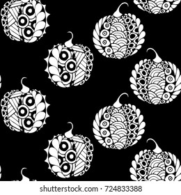 Seamless Halloween Pattern. Black and White Pumpkins Hand Drawn and Traced to Vector. Trendy Zentangle Background for Textile, Fabric, Wrapping. Seamless Pattern with Carved Pumpkins