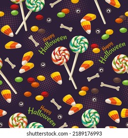 Seamless halloween pattern with bones, halloween sweets, lollipop, candy corn, text Happy Halloween. Textured dark violet background with dotty round halftone shapes.